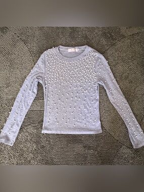 Pearl-Accent Light Gray Crewneck Sweater